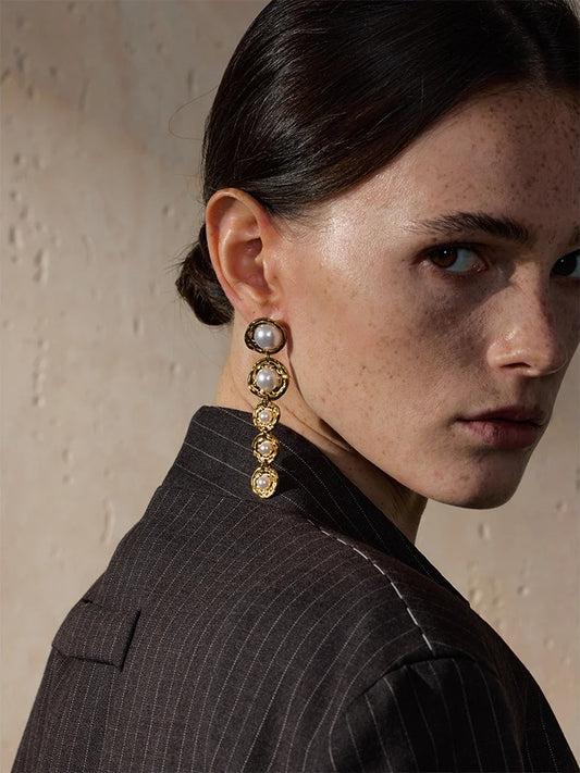 Simulated pearls golden long hanging drop earrings - product image