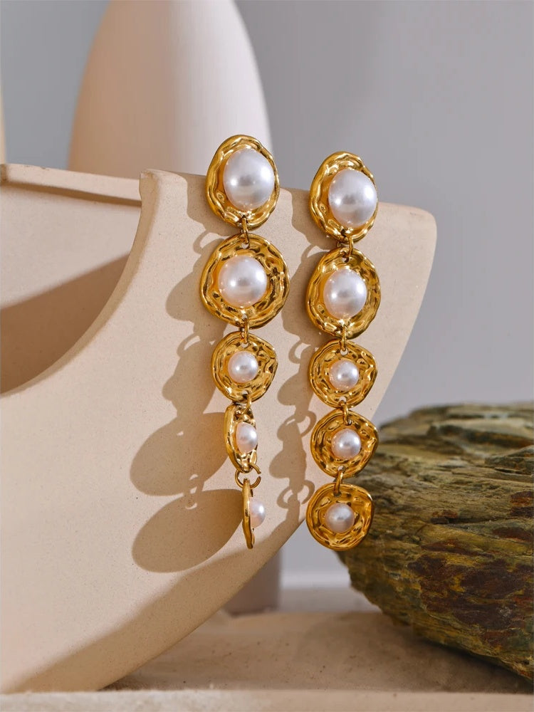 Simulated pearls golden long hanging drop earrings - product image