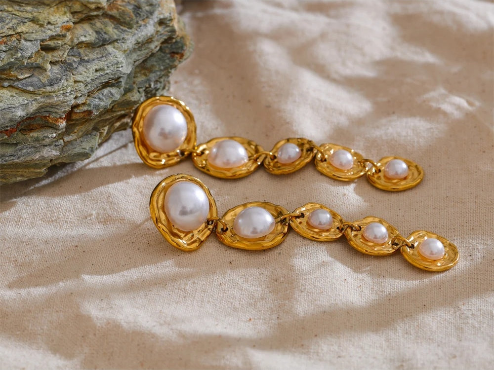 Simulated pearls golden long hanging drop earrings - product image