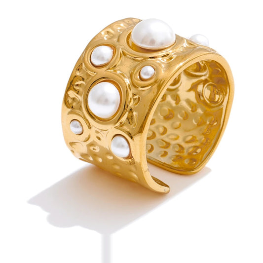 Simulated pearls hammer metal wide open ring - product image