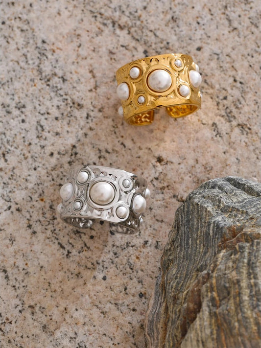 Simulated pearls hammer metal wide open ring - product image