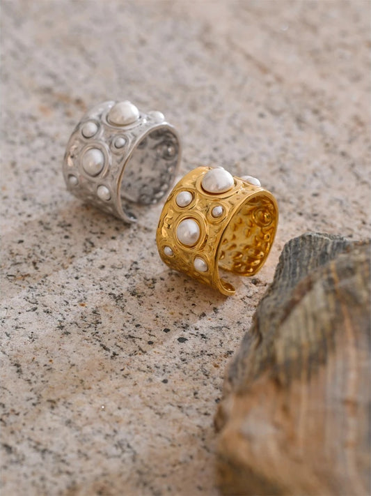 Simulated pearls hammer metal wide open ring - product image