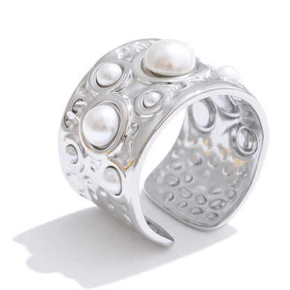 Simulated pearls hammer metal wide open ring - product image