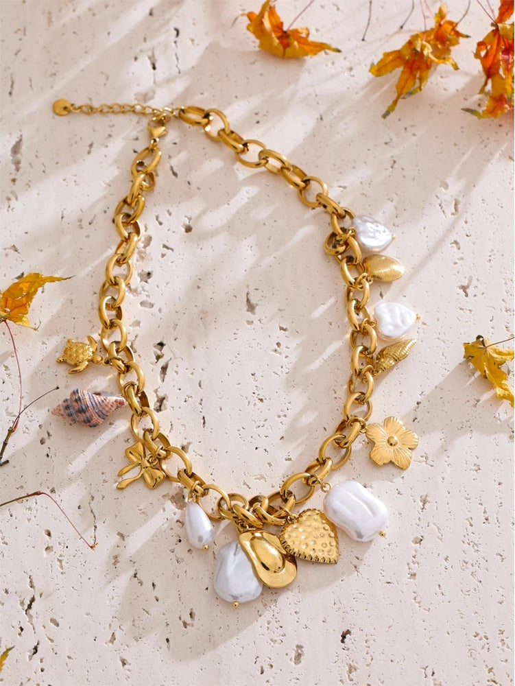 Simulated pearls seashell turtle conch heart necklace - product image
