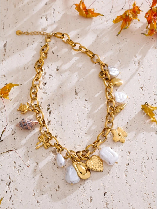 Simulated pearls seashell turtle conch heart necklace - product image