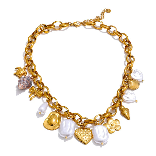 Simulated pearls seashell turtle conch heart necklace - product image