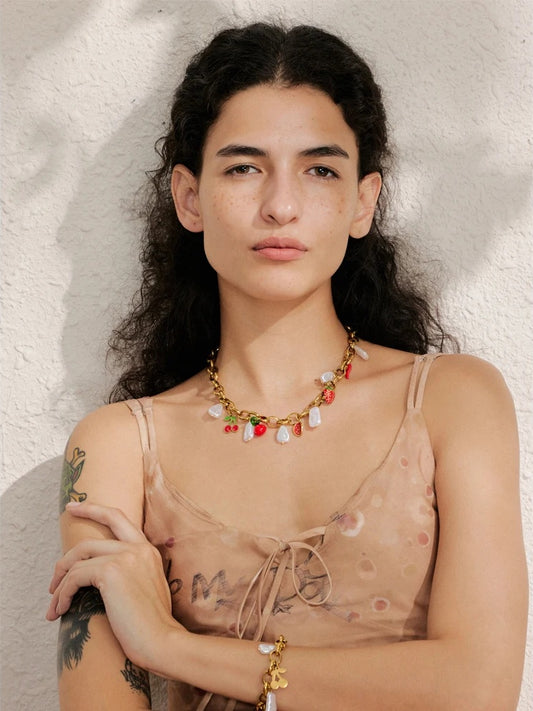 Simulated pearls strawberry cherry necklace bracelet set - product image