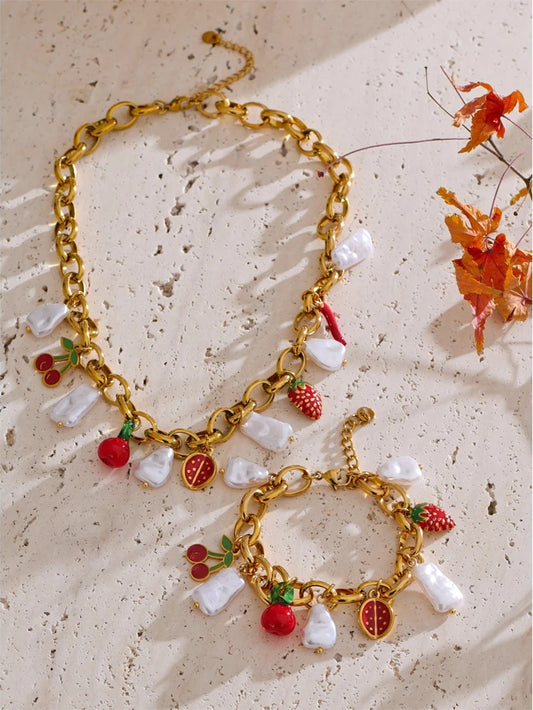Simulated pearls strawberry cherry necklace bracelet set - product image