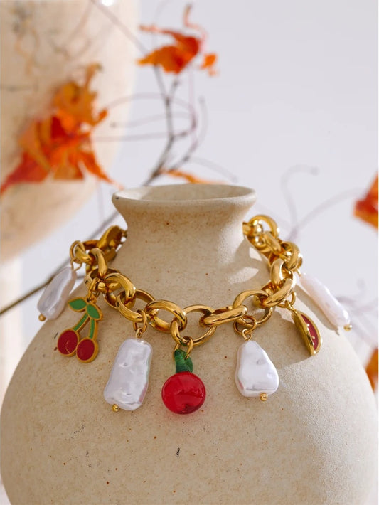 Simulated pearls strawberry cherry necklace bracelet set - product image