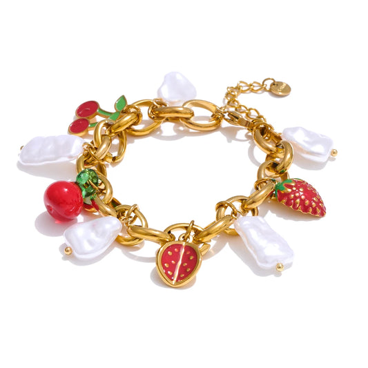 Simulated pearls strawberry cherry necklace bracelet set - product image