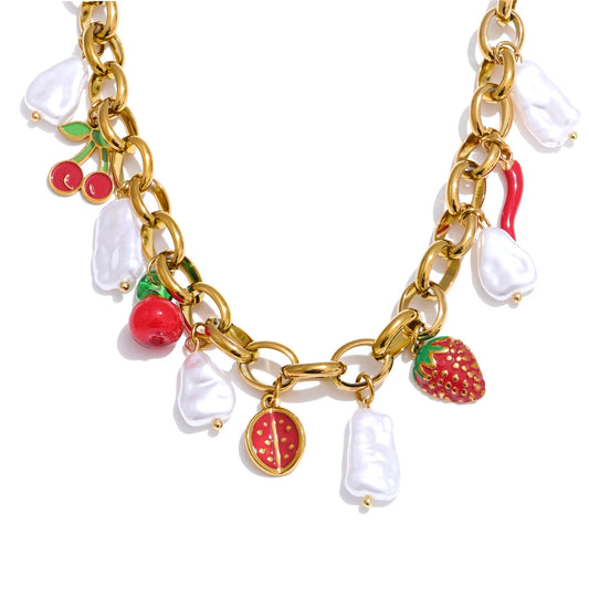 Simulated pearls strawberry cherry necklace bracelet set - product image