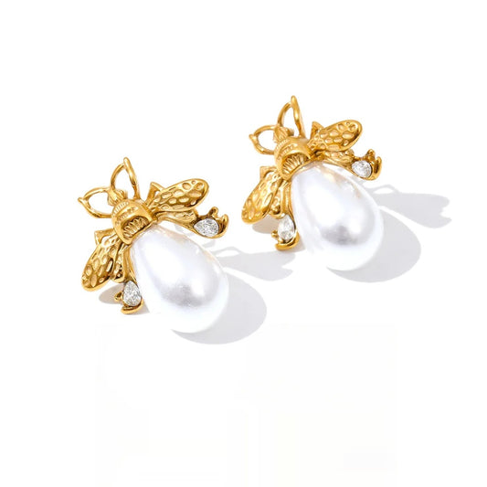 Simulated pearls zircon bee stud earrings - product image