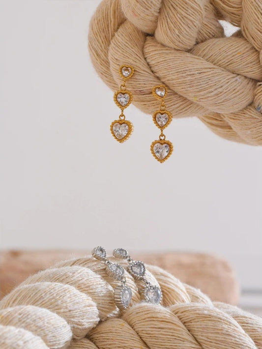 Small shiny cubic zirconia heart drop earrings - product image