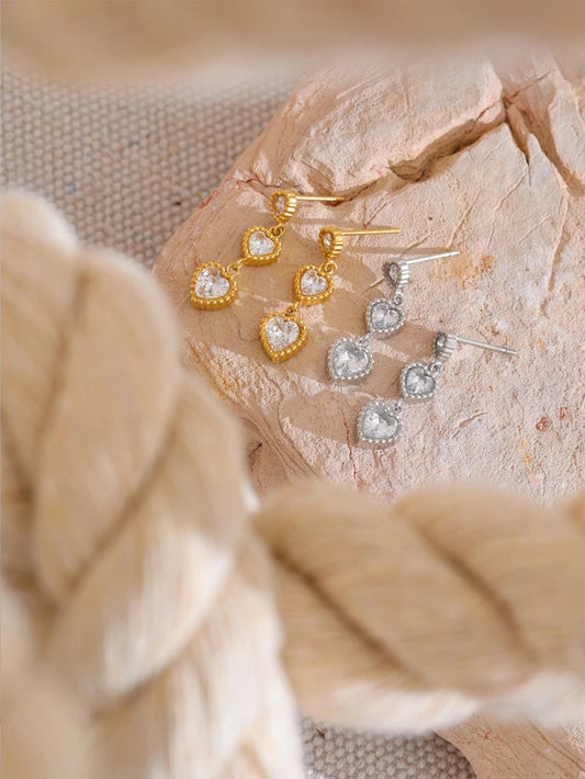 Small shiny cubic zirconia heart drop earrings - product image