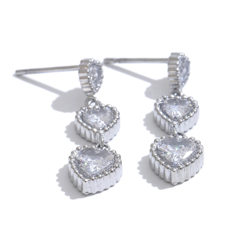 Small shiny cubic zirconia heart drop earrings - product image