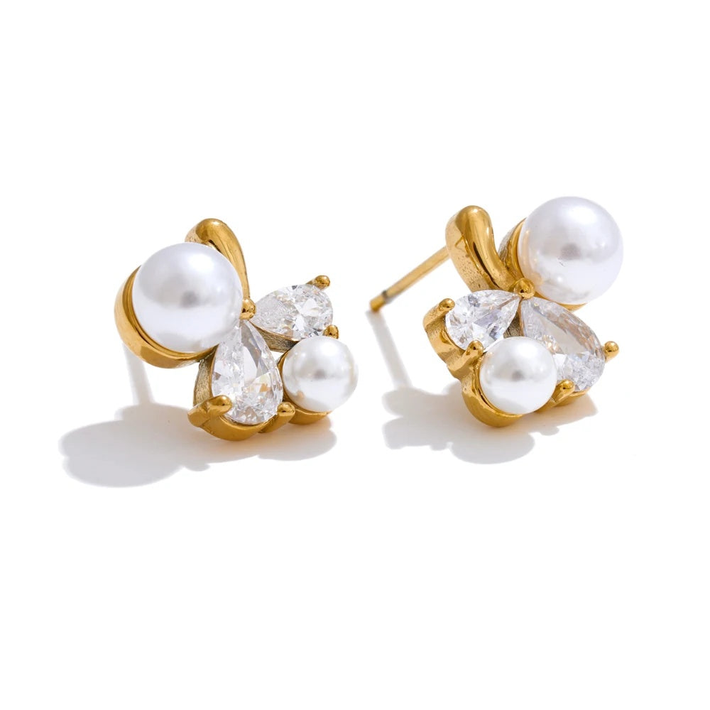 Smooth pearl cubic zirconia flower stud earrings - product image