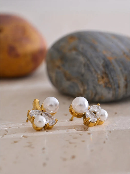 Smooth pearl cubic zirconia flower stud earrings - product image