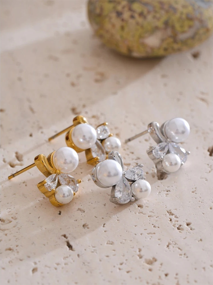 Smooth pearl cubic zirconia flower stud earrings - product image