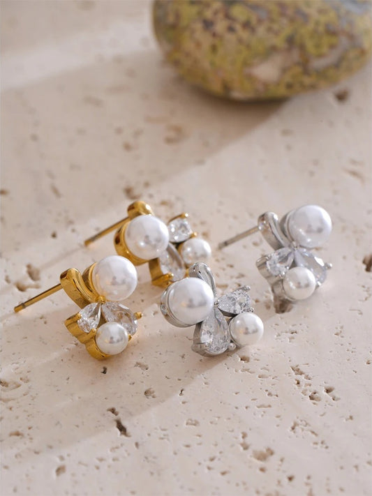 Smooth pearl cubic zirconia flower stud earrings - product image