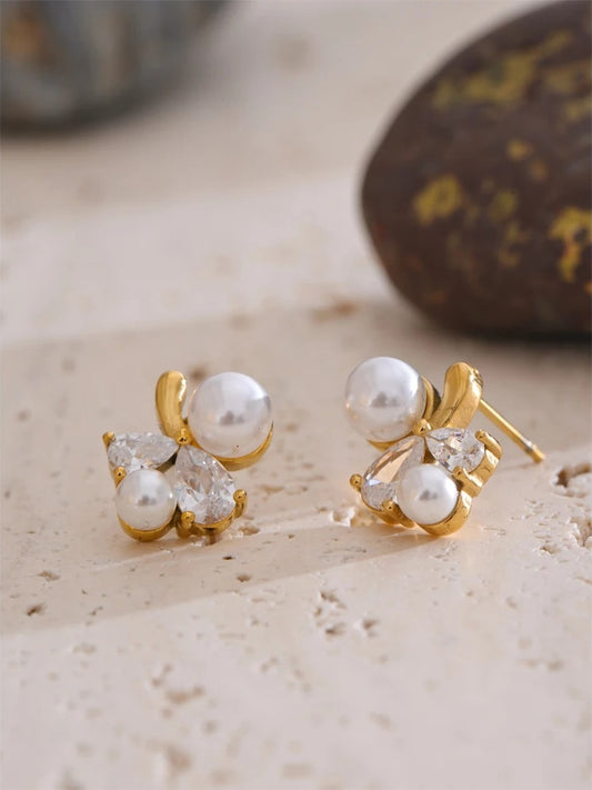 Smooth pearl cubic zirconia flower stud earrings - product image