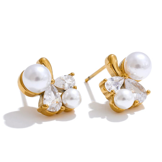 Smooth pearl cubic zirconia flower stud earrings - product image