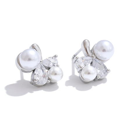Smooth pearl cubic zirconia flower stud earrings - product image