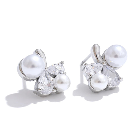 Smooth pearl cubic zirconia flower stud earrings - product image
