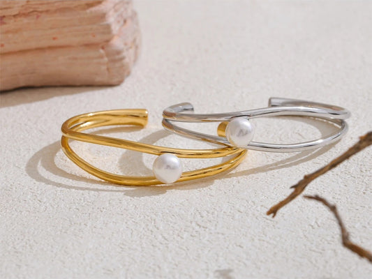 Smooth pearl hollow open bracelet bangle - product image