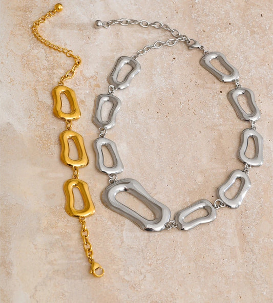 Smooth rectangle chain necklace bracelet set - product image