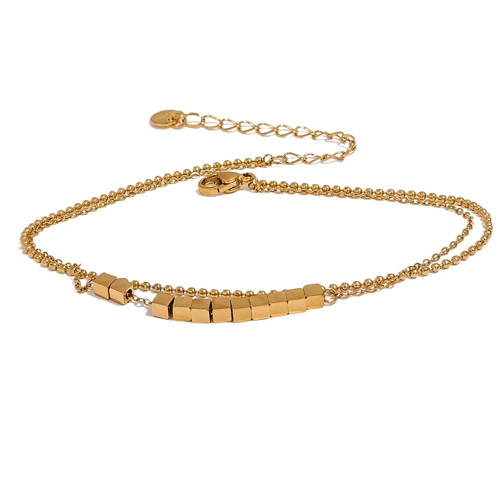 Square bead chain layered gold color anklet - product image