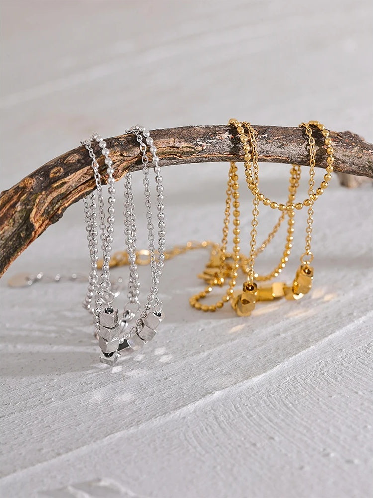 Square bead chain layered gold color anklet - product image