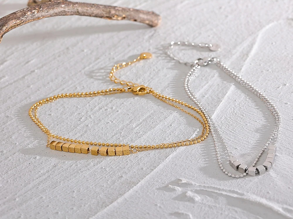 Square bead chain layered gold color anklet - product image