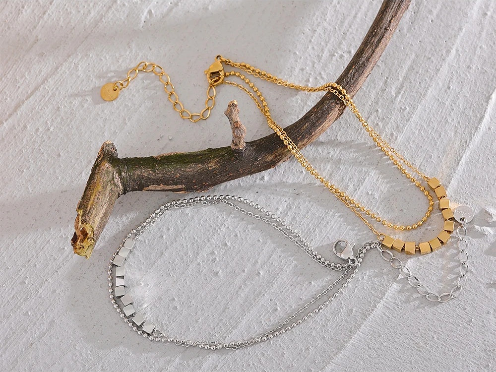 Square bead chain layered gold color anklet - product image