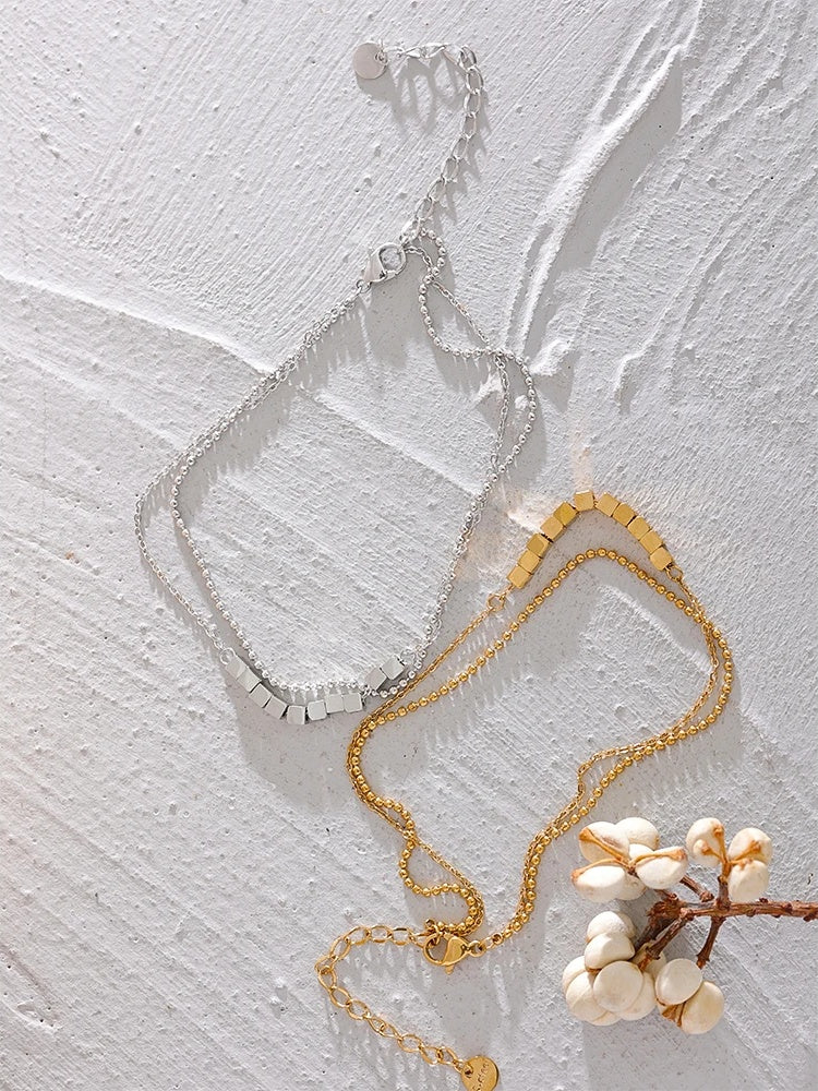 Square bead chain layered gold color anklet - product image