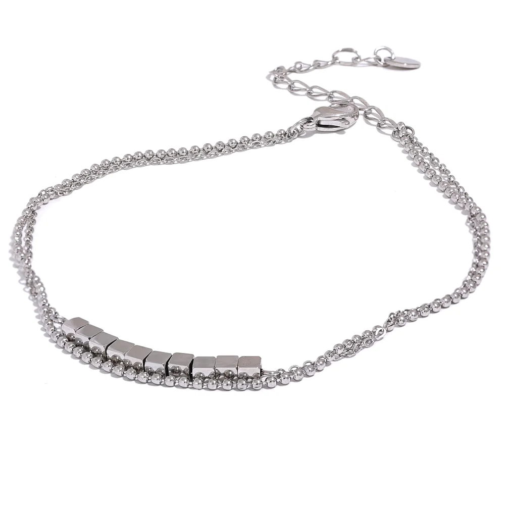 Square bead chain layered gold color anklet - product image