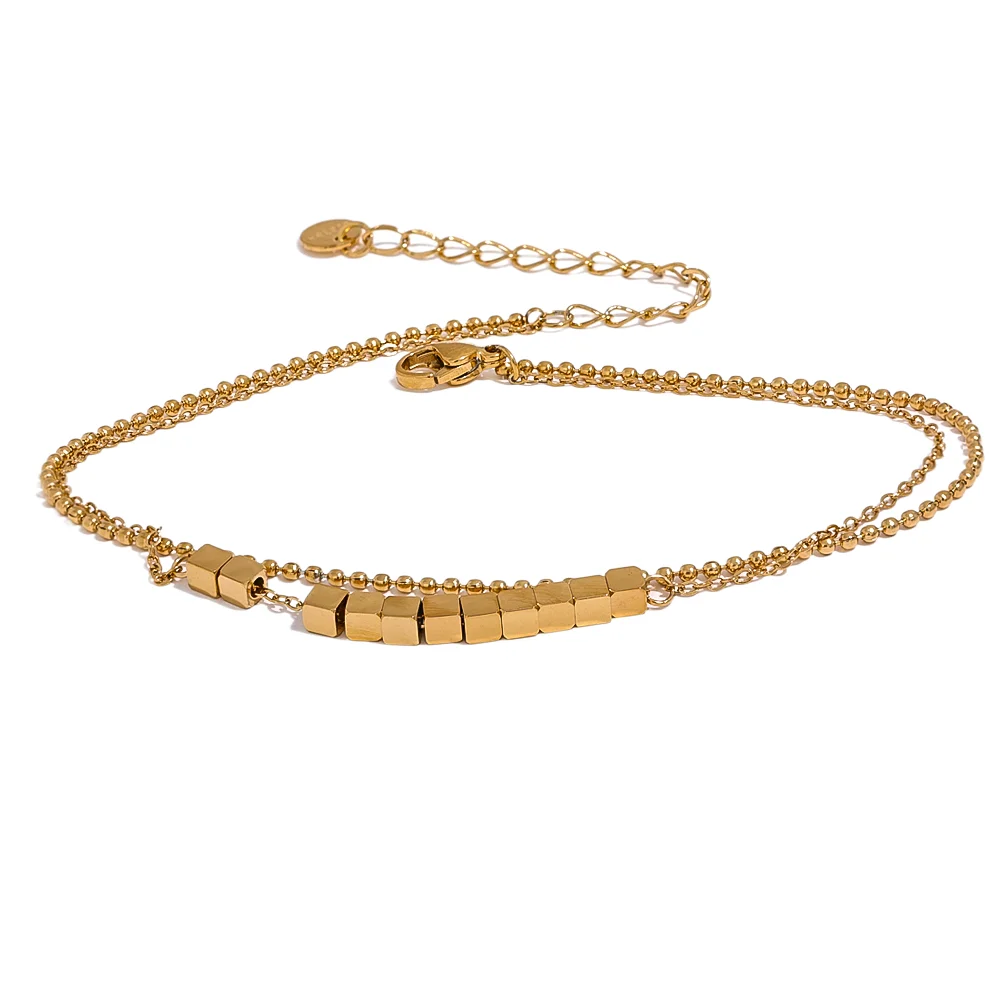 Square bead chain layered gold color anklet - product image