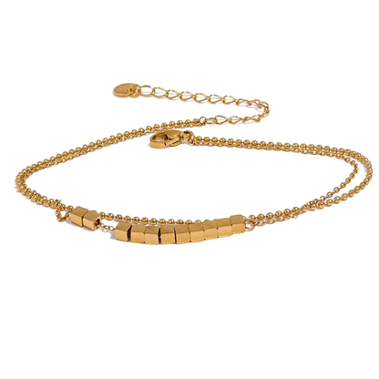Square bead chain layered gold color anklet - product image
