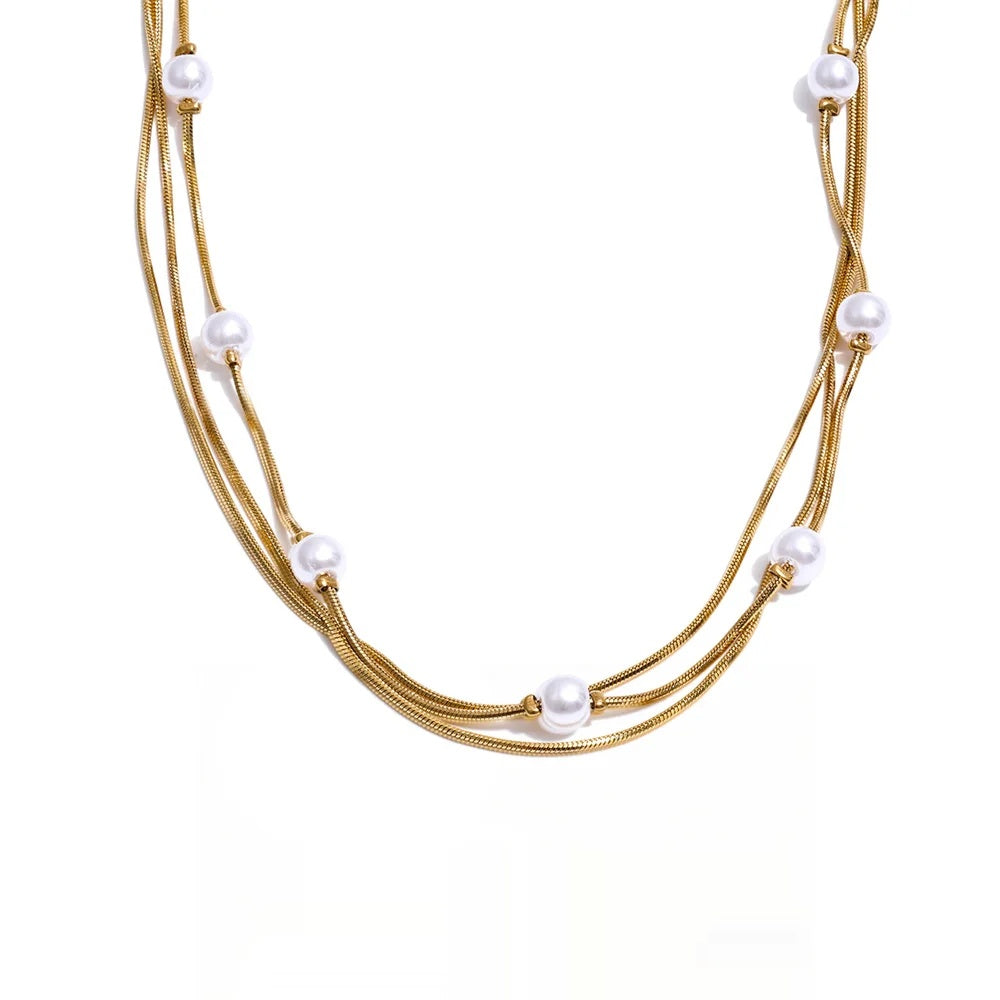 Square chain simulated pearls layered necklace - product image