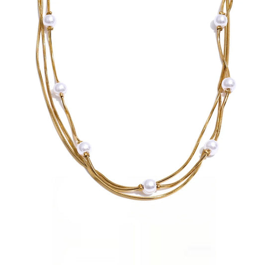 Square chain simulated pearls layered necklace - product image