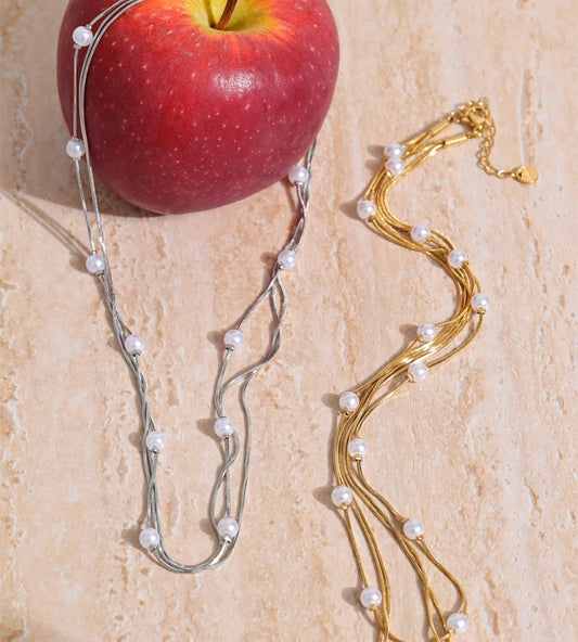 Square chain simulated pearls layered necklace - product image