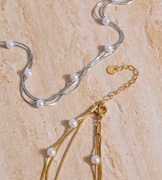 Square chain simulated pearls layered necklace - product image