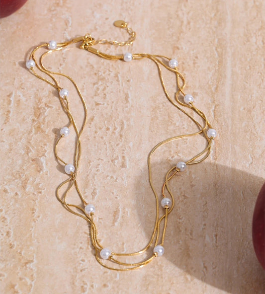 Square chain simulated pearls layered necklace - product image