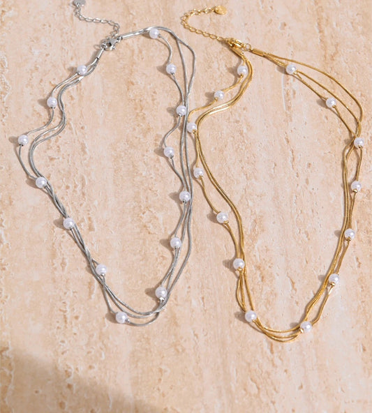 Square chain simulated pearls layered necklace - product image