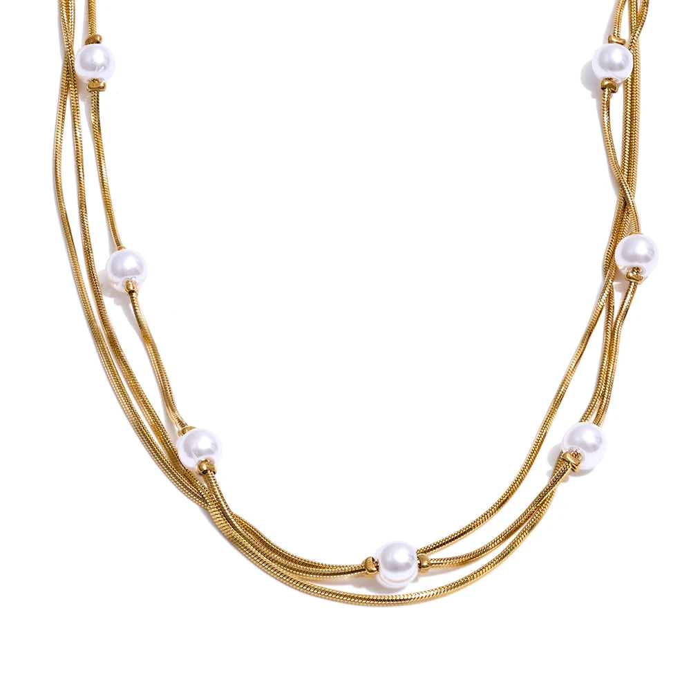 Square chain simulated pearls layered necklace - product image