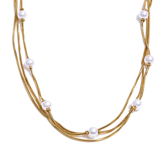 Square chain simulated pearls layered necklace - product image