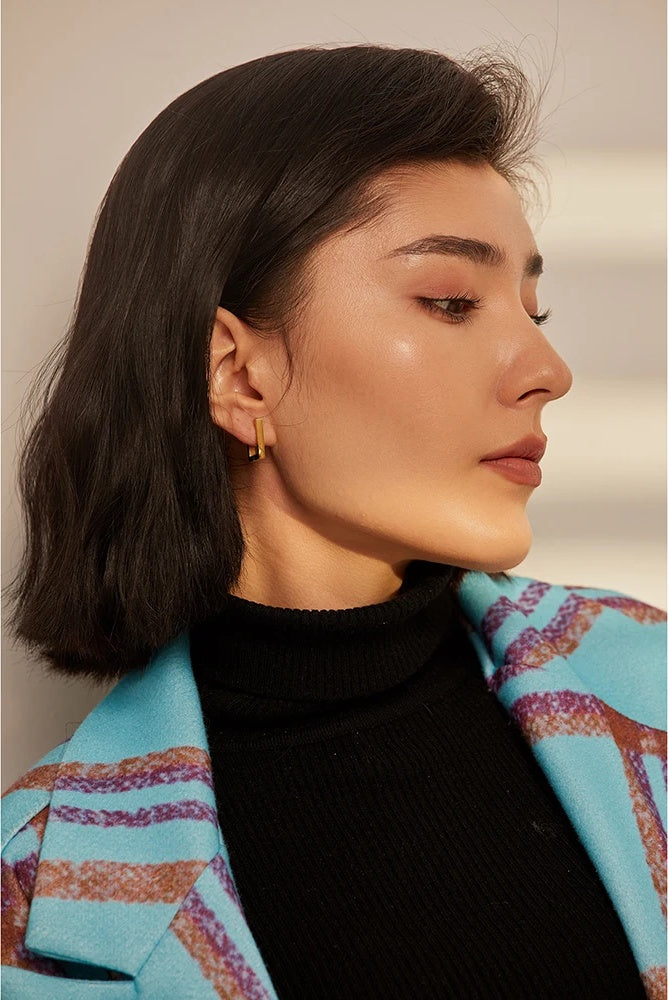 Square golden statement metal hoop earrings - product image