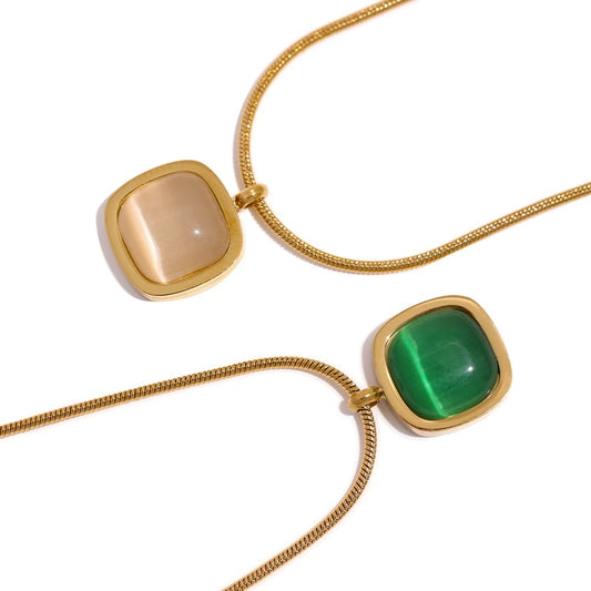 Square green opal stone contemporary pendant necklace - product image
