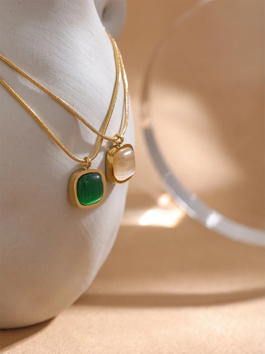 Square green opal stone contemporary pendant necklace - product image