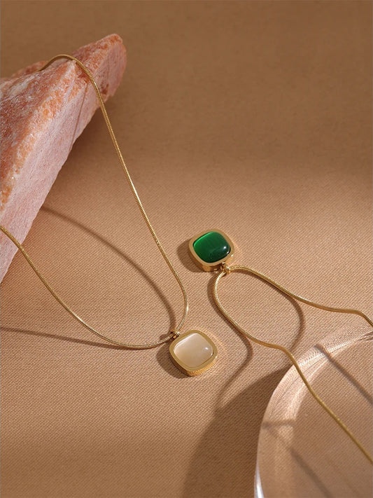 Square green opal stone contemporary pendant necklace - product image
