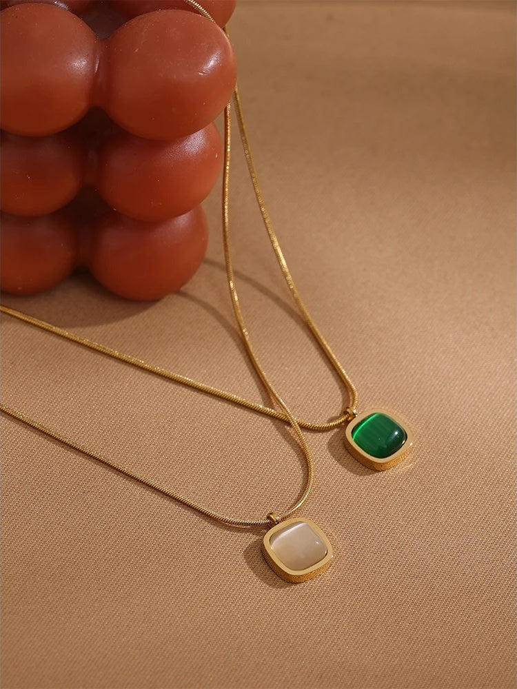 Square green opal stone contemporary pendant necklace - product image